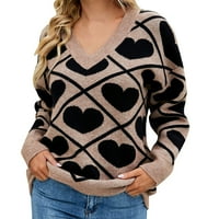 Преголеми Џемпери За Жени Плус Големина Блок Во Боја V Врат Пуловер Со Долги Ракави Леопард Плетен Џемпер Каки