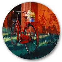 DesignArt 'Црвен гроздобер велосипед со цвеќиња корпа' гроздобер круг метал wallид уметност - диск од 29