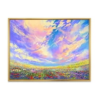 Прекрасни облаци над разнобојни цвеќиња во полето врамено сликарско платно уметничко печатење