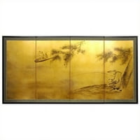 Ориентален Мебел 36 Златен Лист Риболов За Живот ѕиден екран, висечка уметност, Златен лист, лак, свилен екран, 36 Н 72 В
