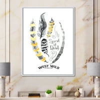 DesignArt 'Yellowолти етнички плими пердуви на бело' Боемјан и еклектично врамено платно wallидна уметност печатење